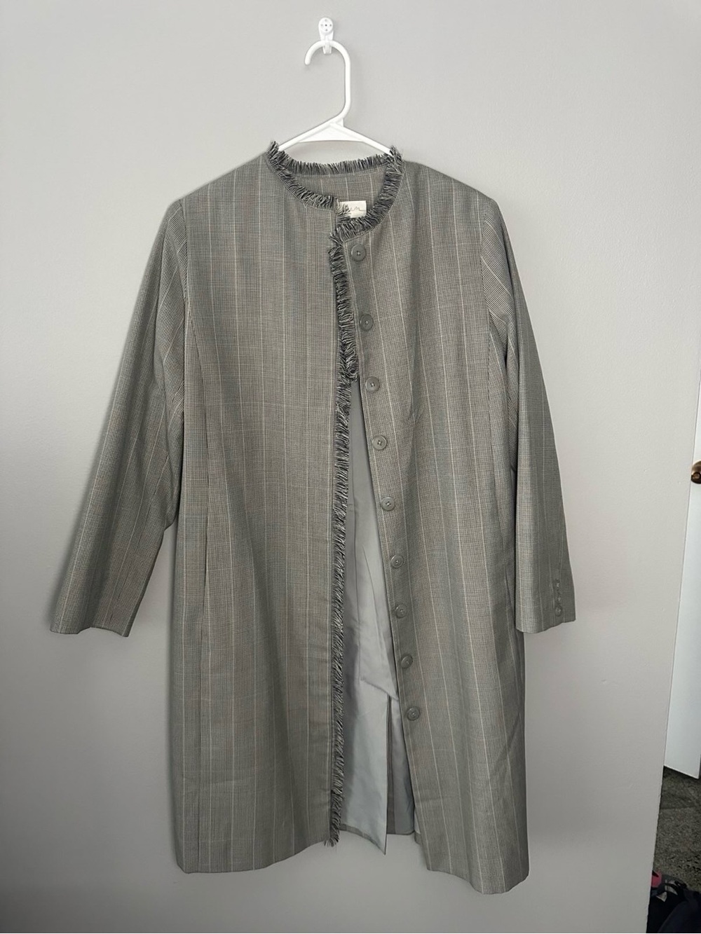 Women's Grey Pinstripe Fringe-Trim Long Trench Coat